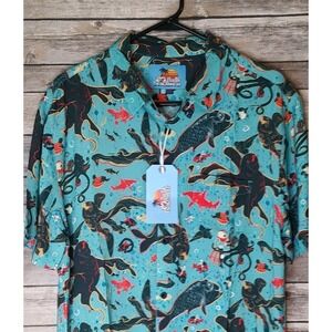 Beachwear Sealife Blue Short Sleeve Button Up Hawaiian Shirt 2XL Fish Squid Dive